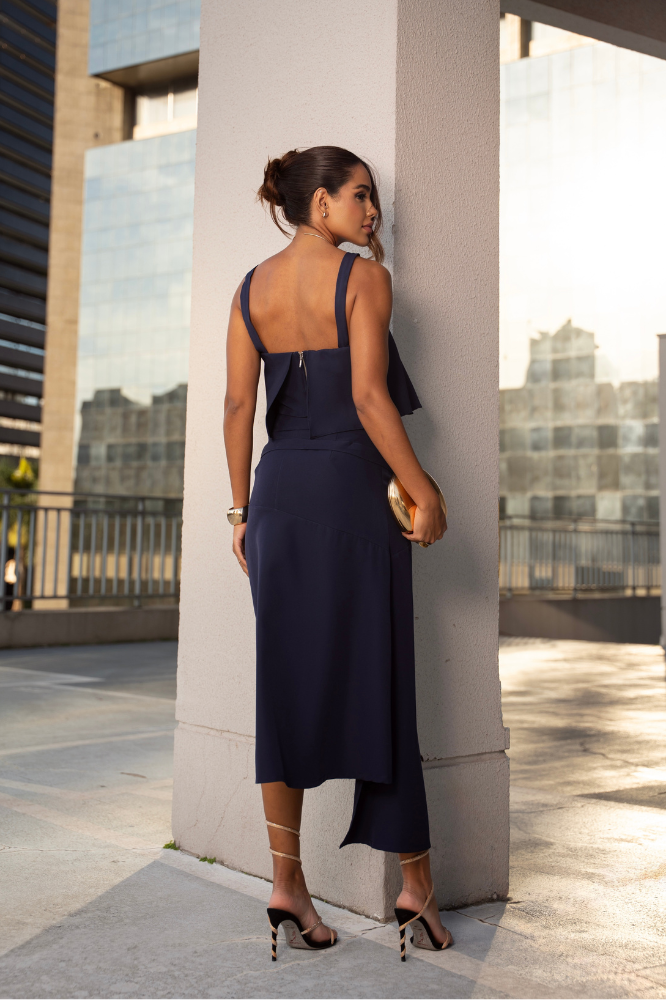 Conjuto Top Alça Regulavél Saia Godê Cinto Dinah