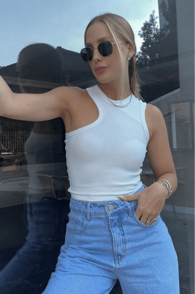 Blusa Cropped Regata Assimétrica Basic Slim Canelado Power Diana